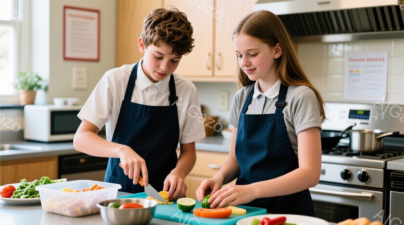 少年と少女がキッチンで野菜を切っています。二人は青いエプロンを身につけ、グレーのシャツを着ています。背景には、調理台、オーブン、冷蔵庫などがあり、明るく清潔な家庭のキッチンで料理を楽しんでいる様子が伺えます。