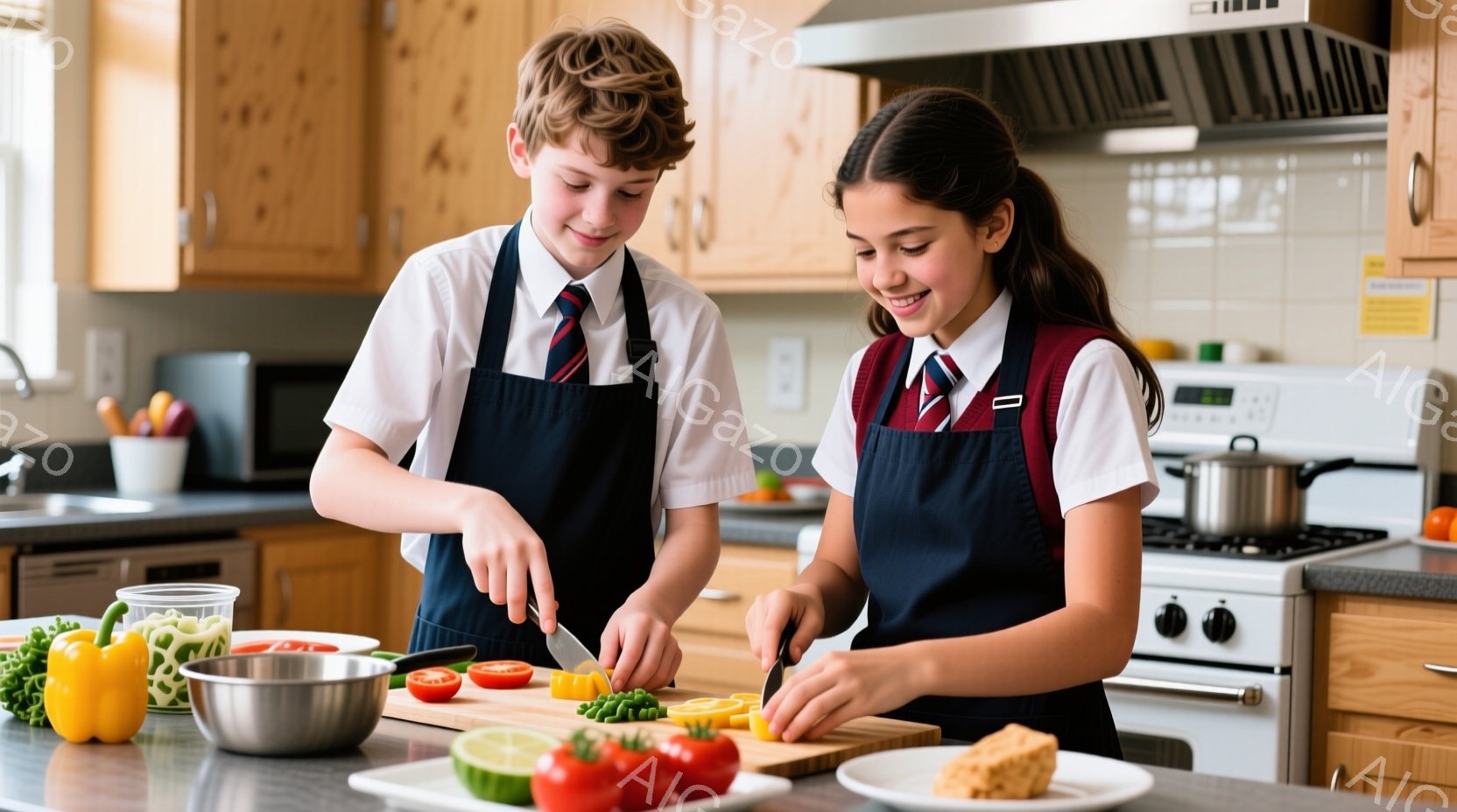 少年と少女は、エプロン姿でキッチンで野菜を切っています。少年は茶色の巻き毛で、真剣な表情でピーマンを刻んでいます。少女は黒髪をポニーテールにし、笑顔でトマトを切っており、背景には調理器具や食器が並び、 - AI生成フリー素材