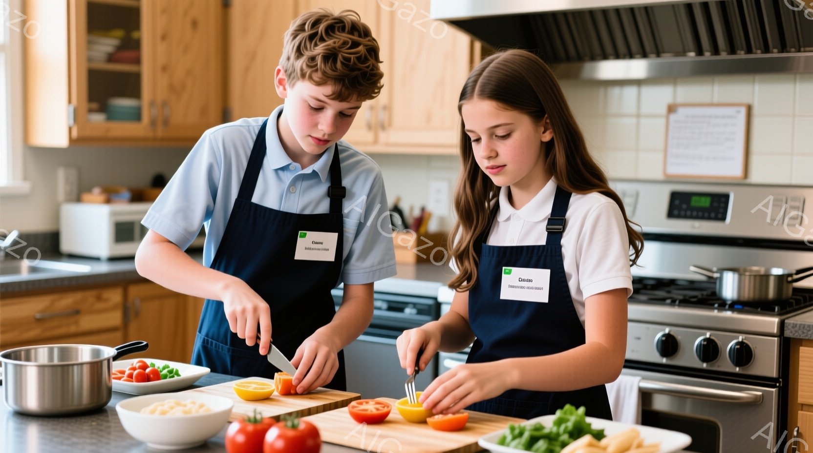 少年と少女がキッチンで野菜を切っています。二人はエプロンを着ており、集中した表情でトマトやオレンジ色の野菜をまな板の上で包丁で切っています。背景には調理台やオーブンが見え、明るく清潔な家庭のキッチンで料理を楽しんでいる様子が伺えます。