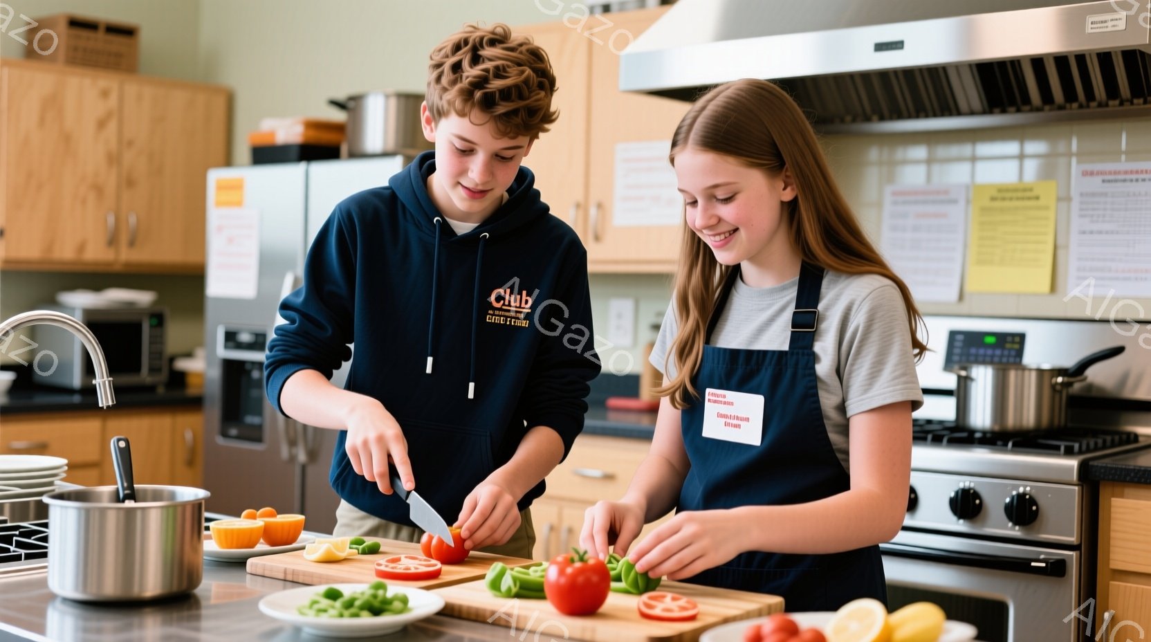 少年と少女がキッチンで野菜を切っています。少年は紺色のパーカーを着ており、少女はエプロンをつけています。二人は笑顔で調理を楽しんでおり、背景には調理器具や野菜が並び、明るく温かい雰囲気が漂っています。 - AI生成フリー素材
