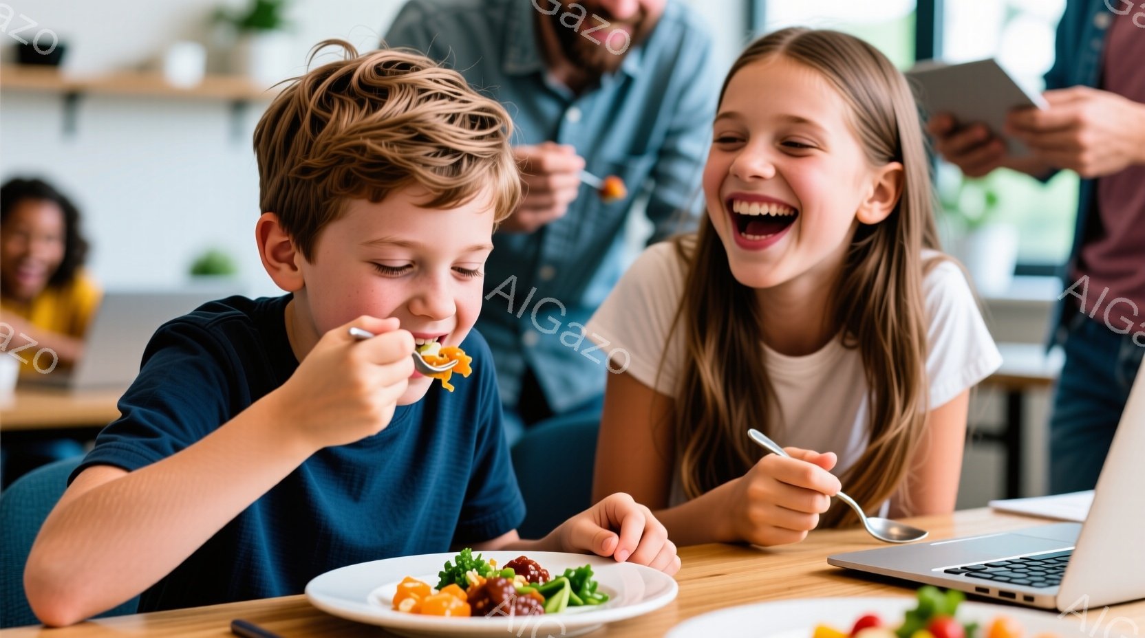 少年と少女がテーブルを挟んで向かい合っており、それぞれ食事を楽しんでいます。少年は青いTシャツを着ており、ほうれん草とオレンジ色の野菜をフォークで口に運び、笑顔を浮かべています。背景には、パソコンと他の人々が見え、明るく活気のある雰囲気を感じさせます。