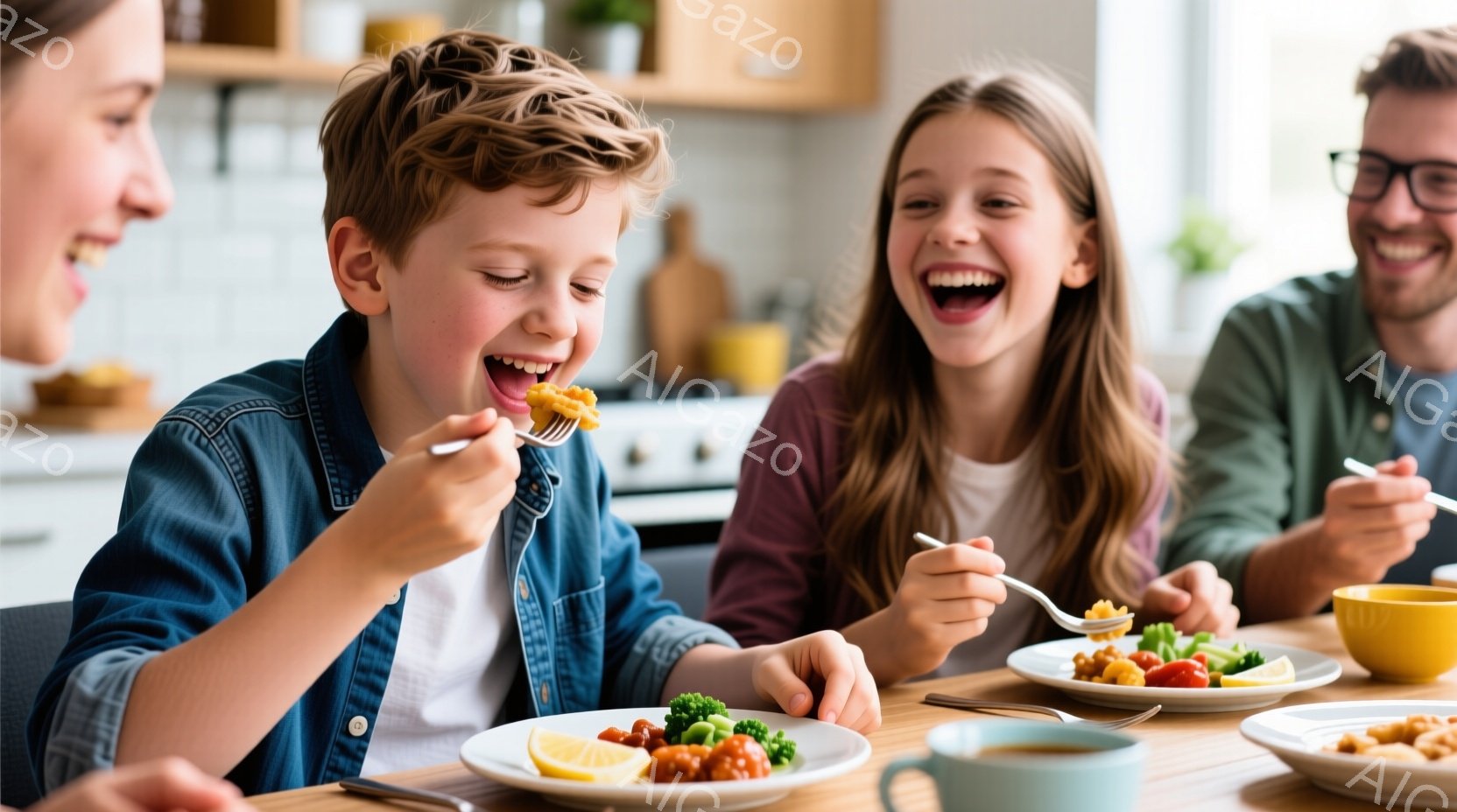 暖かく明るいキッチンで、家族が食事を楽しんでいる様子が写っています。少年は巻き毛で、青いデニムシャツを着て、大きな笑顔でフォークを使って料理を口に運んでいます。少女は茶色の髪を後ろでまとめ、紫色のトッ - AI生成フリー素材