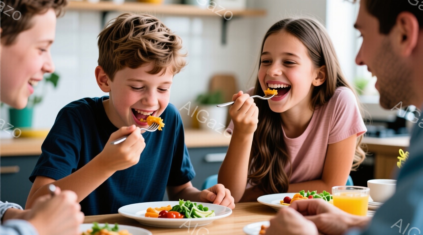 少年と少女が食事を楽しんでいる様子が写っている。少年は青いTシャツを着ており、笑顔でフォークでサラダをつまんでいる。少女はピンク色のTシャツを着て、満面の笑みでサラダをフォークで口に運んでいる。