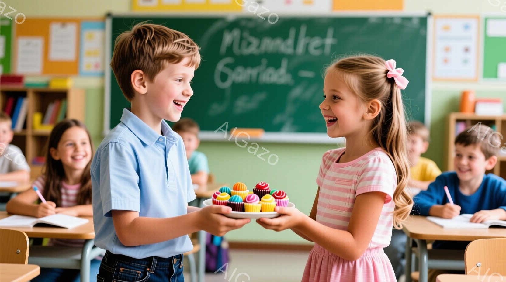 教室の中で、少年と少女がお互いにカップケーキの入った皿を渡そうとしています。少年は青いポロシャツとジーンズ、整髪された髪で笑顔を見せ、少女はピンクのストライプのシャツにリボンで結んだ髪、同じように楽し - AI生成フリー素材