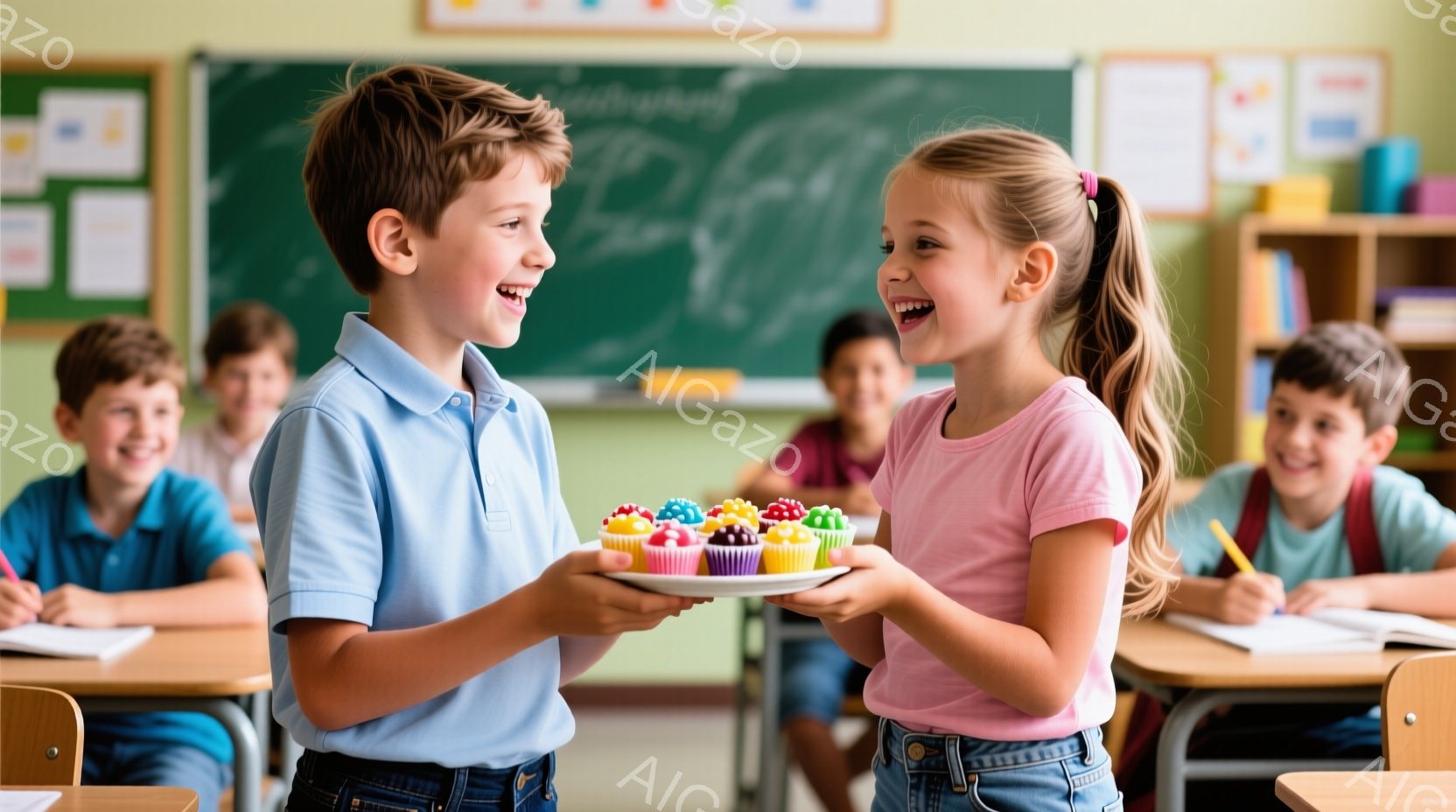 少年と少女が、カラフルなカップケーキを載せたお皿を交換するように見つめ合っています。少年は水色のシャツにジーンズ、少女はピンク色のTシャツにジーンズを着用し、明るい笑顔を浮かべています。教室の背景には、他の生徒たちが机で勉強している様子が見え、温かく友好的な雰囲気が漂っています。
