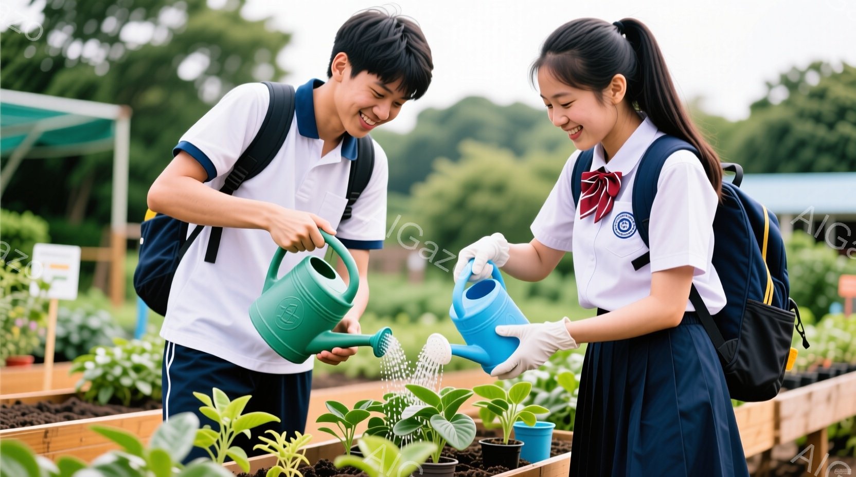 若い男女が、学校の菜園で植物に水をあげています。男の子は白いシャツに紺色のズボンを着用し、女の子は紺色のスカートと白いブラウスを着ており、それぞれリュックサックを背負っています。背景には菜園のプランターや植物、そして青空と緑の木々が見え、明るく穏やかな雰囲気が漂っています。
