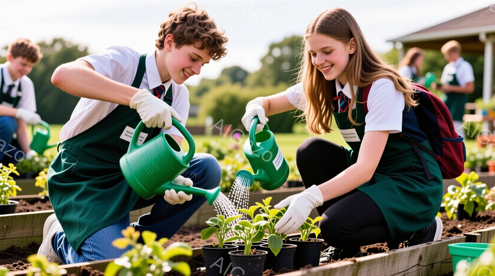 少年と少女が、緑色のエプロンと白いシャツを着て、花壇で苗に水をやっています。二人は膝をつき、白い手袋を着用し、顔には笑顔が見られます。背景には緑豊かな庭園や他の生徒たちがおり、晴れた日の温かい雰囲気が伝わってきます。