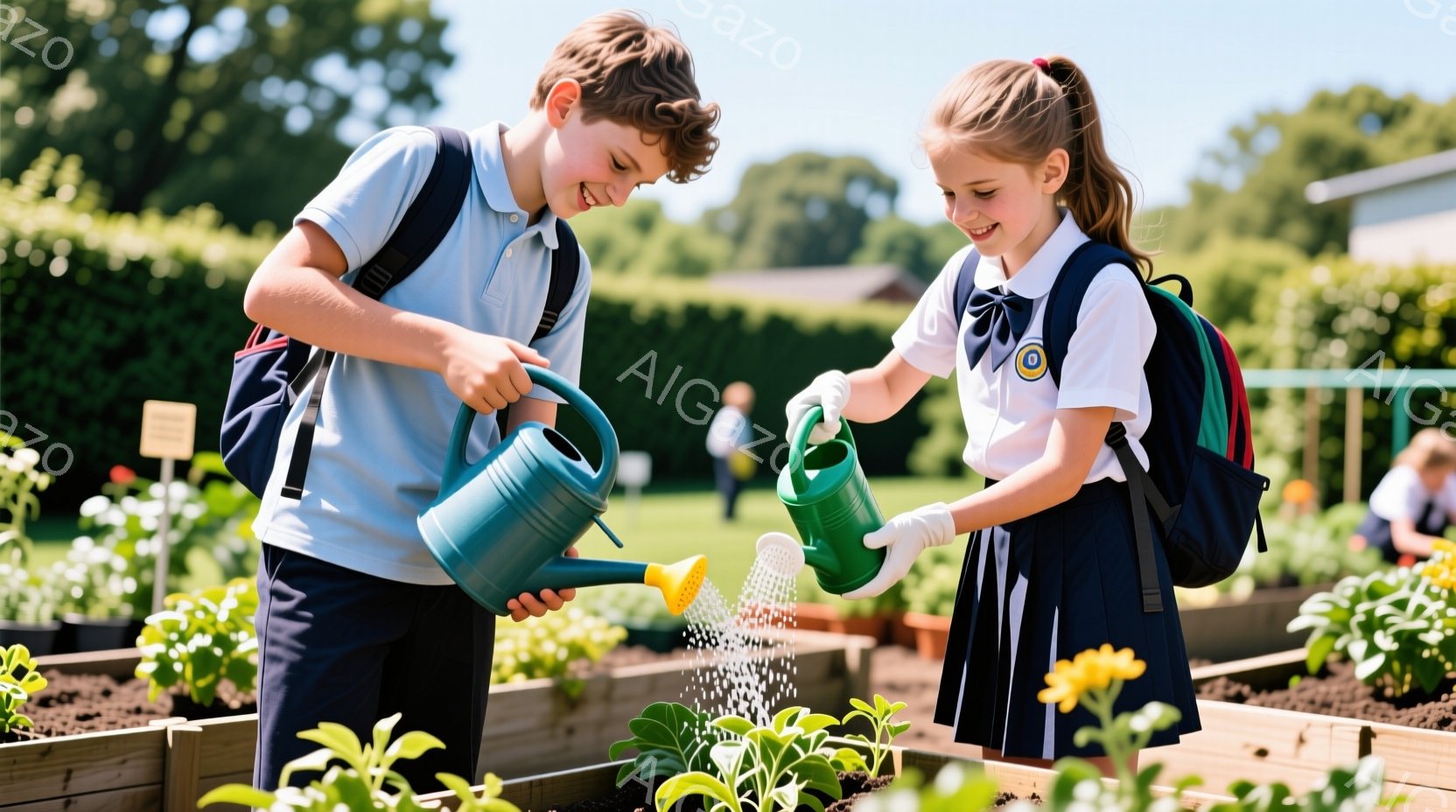 少年と少女が、花壇で植物に水をやっています。少年は茶色の巻き毛で、水色のポロシャツと紺色の短パンを着ており、笑顔で水やりを楽しんでいます。少女は髪を三つ編みにし、白のブラウス、紺色のスカート、白い手袋を着用し、優しく植物に水をやっています。