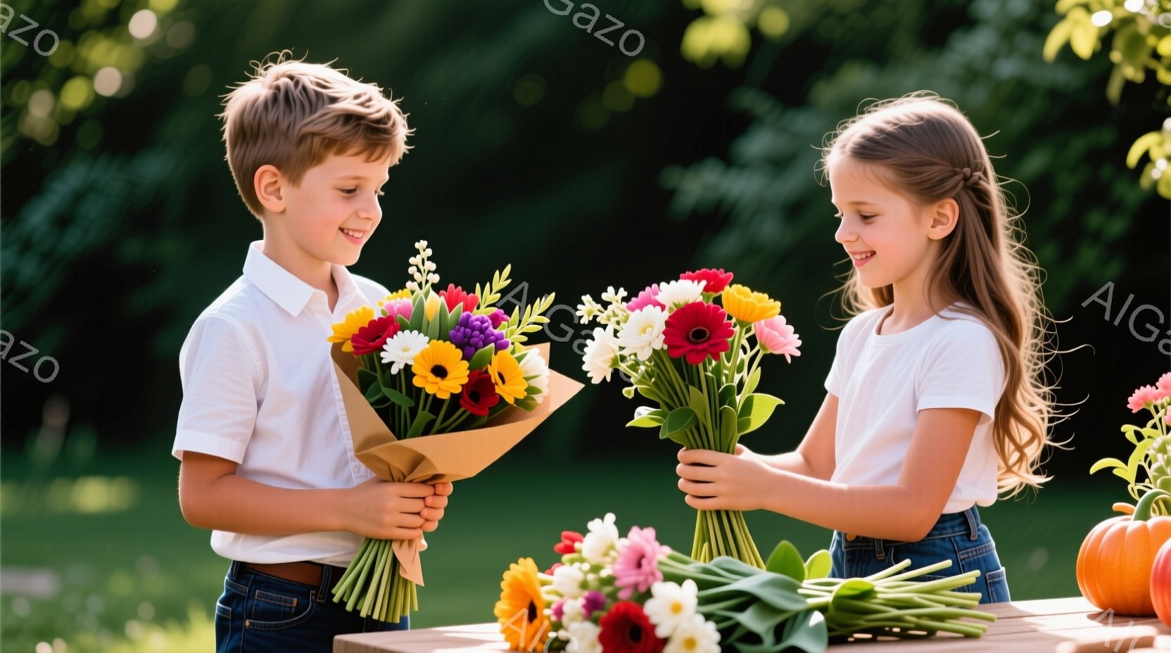 茶髪の少年と、三つ編みの少女が花束を持って立っています。少年は白いシャツとジーンズを着て、花束を胸元に抱え、微笑んでいます。少女は同じ服装で、花束を少し下の方に下げ、嬉しそうに少年を見つめています。