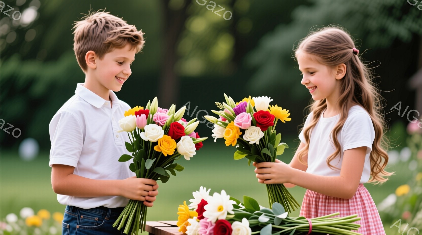 少年と少女がそれぞれ花束を持ち、互いに見つめ合っています。少年は白いシャツとジーンズを着ており、短い茶色の髪をしています。少女は赤いギンガムチェックのスカートと白いTシャツを着ており、髪はサイドに編み込まれています。背景には緑豊かな庭園があり、晴天で明るい雰囲気です。