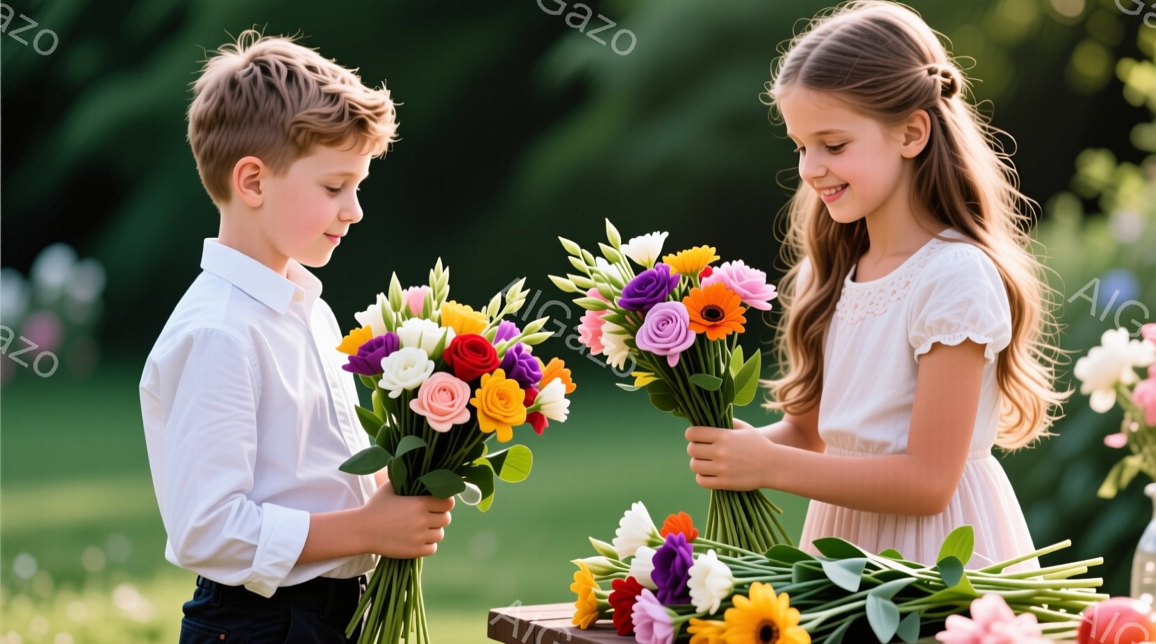 男の子と女の子が、色とりどりの造花のブーケを手に持っています。少年は白いシャツと濃いズボンを着用し、少しうつむき加減でブーケを見つめています。少女は白いレースの襟がついたドレスを着ており、笑顔でブーケ - AI生成フリー素材