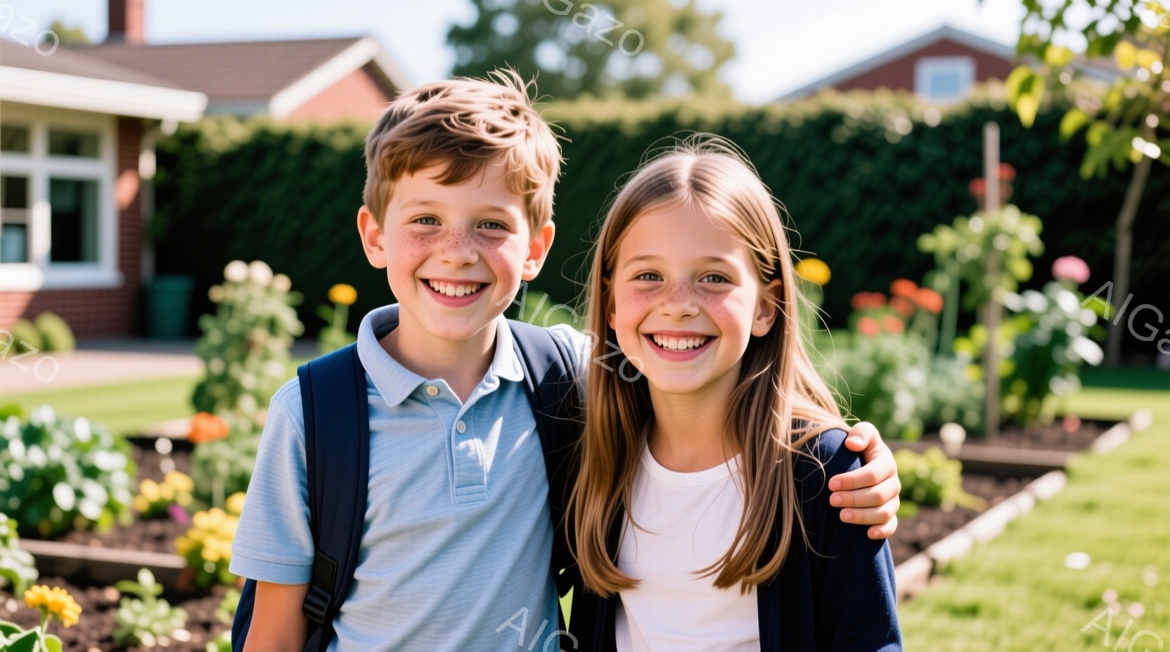 少年と少女が庭で寄り添って微笑んでいる。少年は水色のポロシャツに黒いバックパックを背負い、少女は白いTシャツと濃い青色のカーディガンを着ている。背景には花壇、緑の芝生、そしてレンガ造りの家が見え、晴れ - AI生成フリー素材