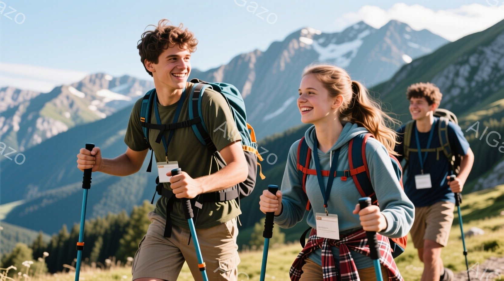 若いハイカー二人が山道を歩いている様子が写っています。男性は緑色のシャツとベージュ色のショートパンツを着用し、女性はグレーの長袖シャツにチェック柄のシャツを腰に巻き、カーキ色のショートパンツを着用して - AI生成フリー素材