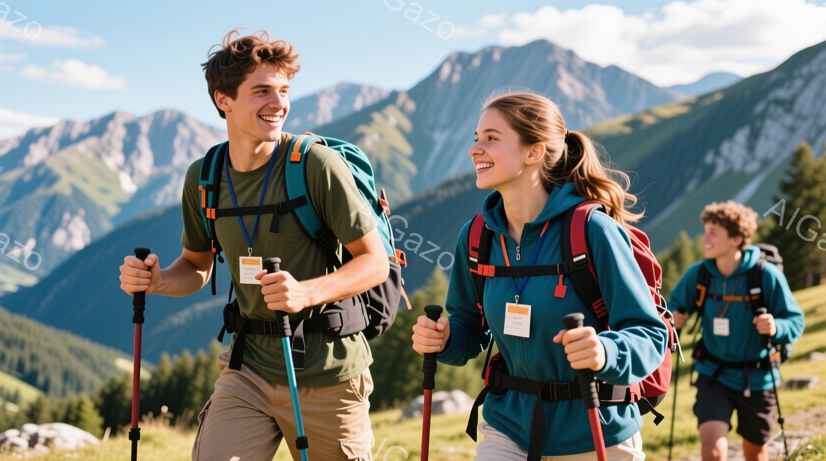 登山者３人が山道を歩いている様子が写っている。先頭の男性は緑のTシャツとベージュのショートパンツ、女性はターコイズブルーのジャケットと明るい色のパンツを着用し、どちらもバックパックを背負いトレッキングポールを持っている。背景には緑豊かな山々が広がり、晴天で穏やかなハイキングを楽しんでいる様子が伺える。