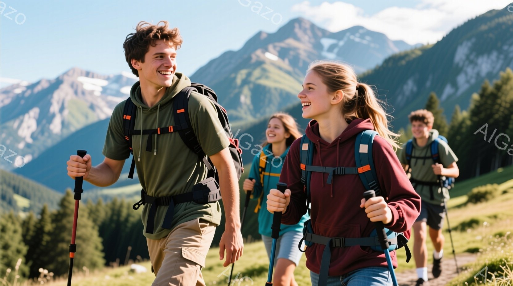 若者たちがハイキングを楽しんでいる様子が写っている。緑色のシャツにベージュ色のパンツを着用した男性、赤いパーカーにジーンズの女性が、トレッキングポールを手にしながら前方を向いて歩いている。背景には緑豊 - AI生成フリー素材