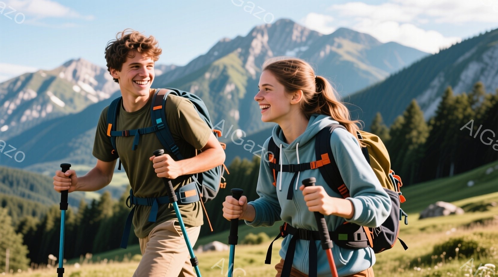 若い男女がハイキングを楽しんでいる様子が写っている。男性は緑色のTシャツとベージュ色のズボンを着用し、女性は水色のパーカーとカーキ色のズボンを身につけている。背景には緑豊かな牧草地と険しい山々が広がり - AI生成フリー素材