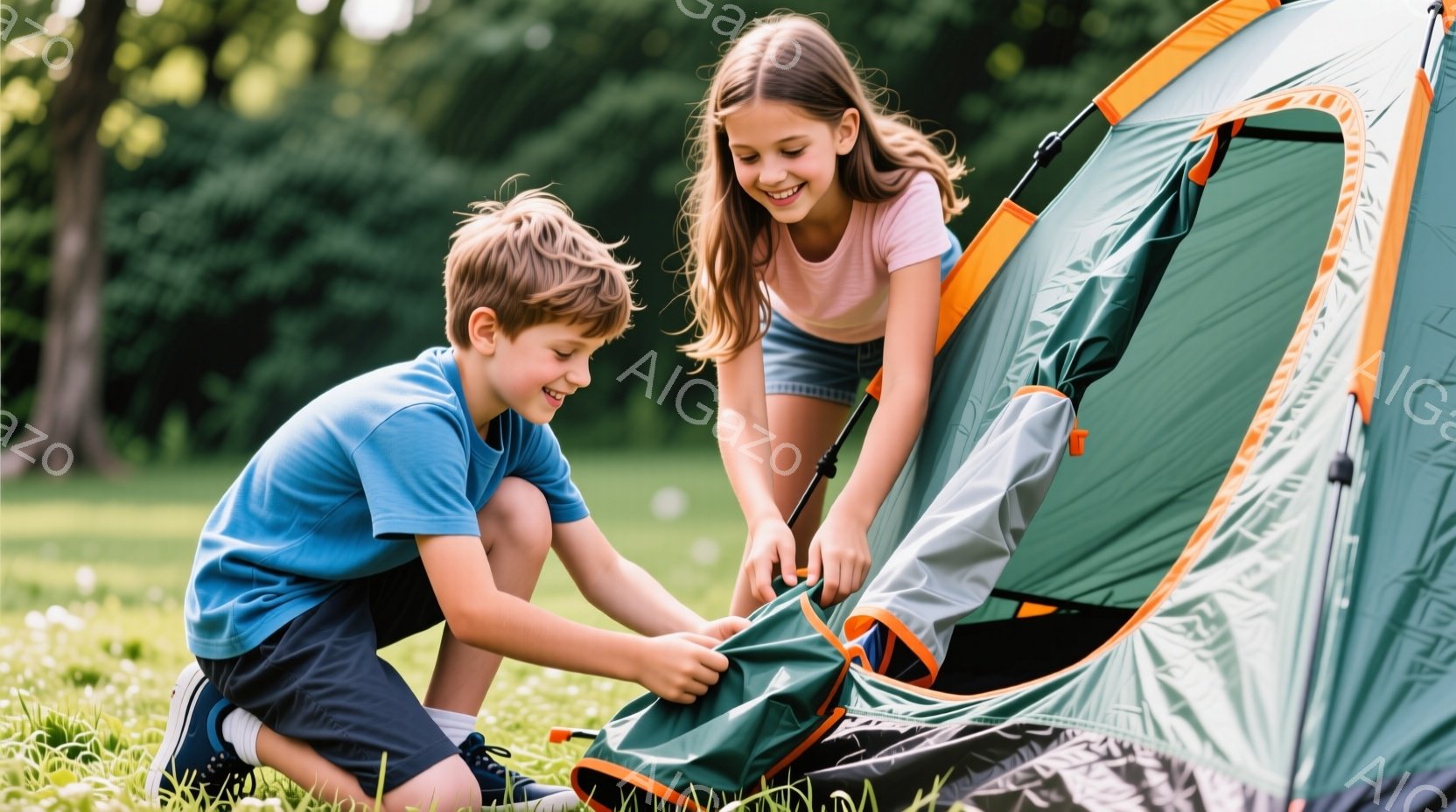 少年と少女が緑色のテントを組み立てている様子が写っています。少年は青いTシャツと短いズボンを着用し、膝をついてテントの布地を引っ張っています。少女はピンクのTシャツと柄のショートパンツを着ており、少し - AI生成フリー素材