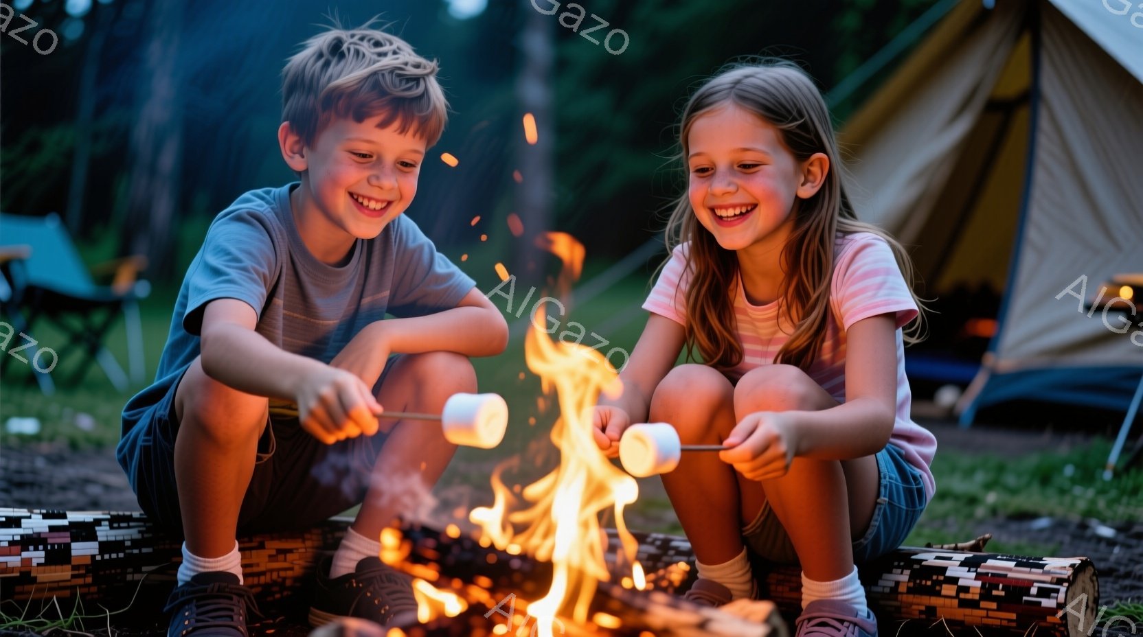 二人の子供がキャンプファイヤーの周りに座り、マシュマロを焼いている。少年は短い茶色の髪で、青いTシャツと短パンを着て、満面の笑みを浮かべている。少女は長い金髪を後ろで束ね、ピンク色のTシャツと青いソッ - AI生成フリー素材