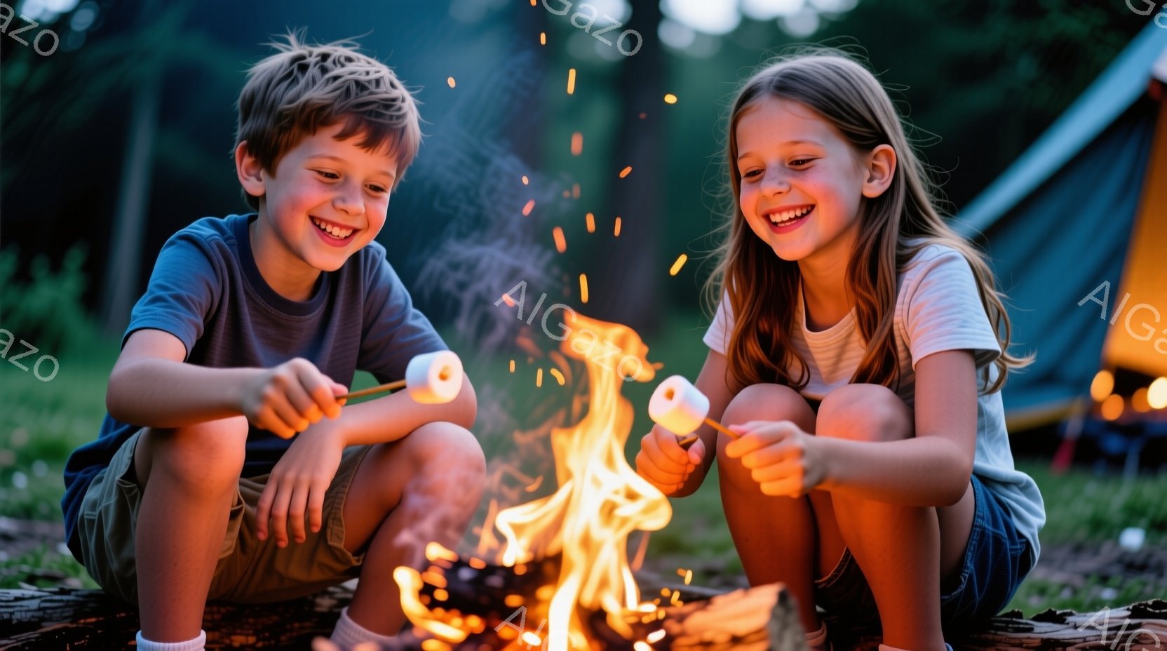 二人の子供が、燃え盛るキャンプファイヤーの前にしゃがみ、マシュマロを焼いています。男の子は短髪で、青いTシャツと短いズボンを着用し、満面の笑みを浮かべています。女の子は長い髪を後ろに流し、白いTシャツと短いズボンを着ており、楽しそうにマシュマロを焼いています。背景には緑豊かな自然とテントが見え、暖かく幸せな雰囲気が漂っています。
