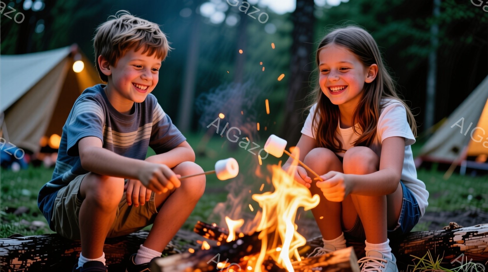 少年と少女がキャンプファイヤーの前でマシュマロを焼いている。少年は短い茶色の髪で、青いシャツと短いズボンを着用し、満面の笑みを浮かべている。少女は長く艶やかな髪で、白いシャツとデニムのショートパンツを着ており、楽しそうに笑っている。