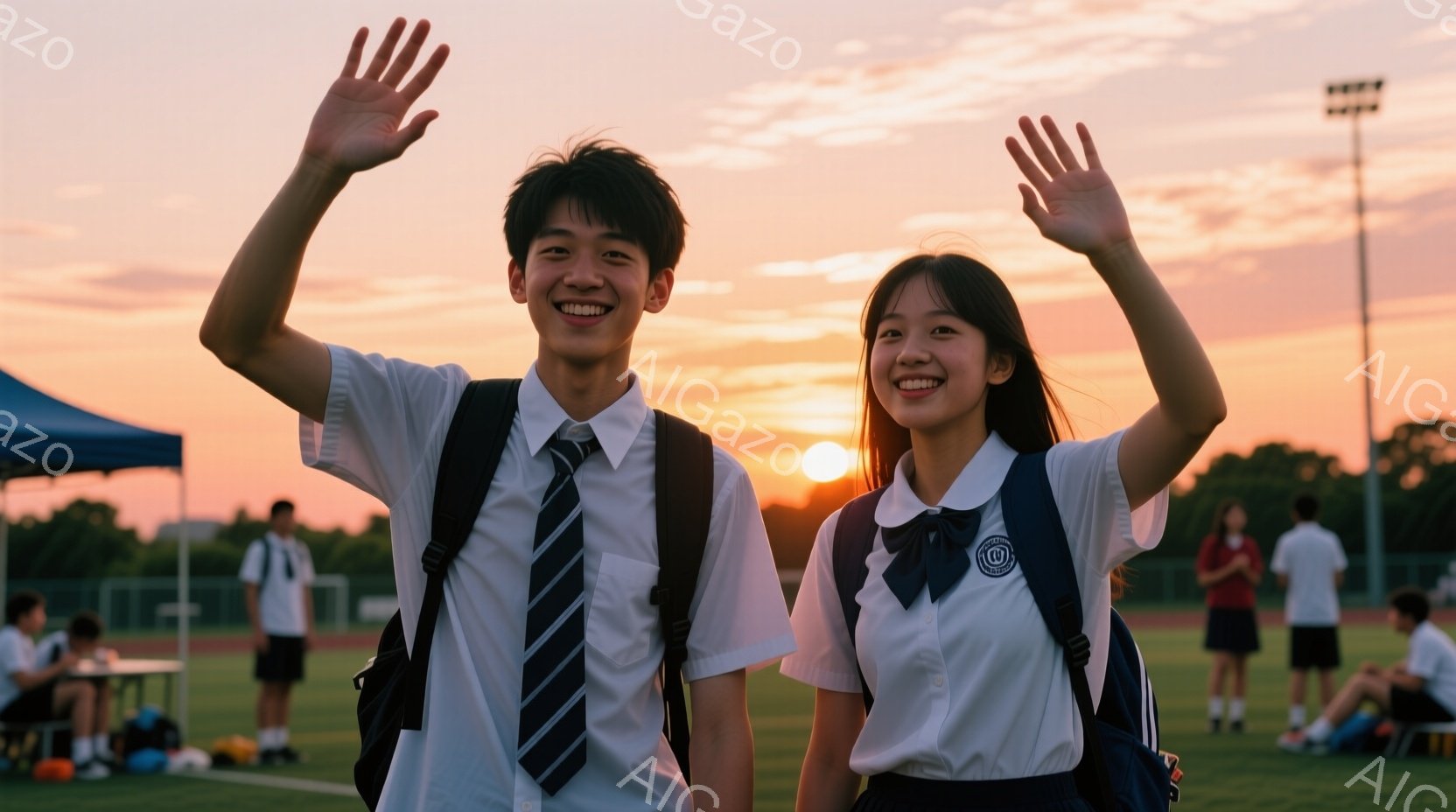 制服姿の男女が笑顔で手を振っている写真です。男性は短髪で、白いシャツにネクタイ、女性は肩まで伸ばした髪に、同じ制服を着ています。背景にはサッカー場らしき場所と、夕焼け空が広がっており、温かく明るい雰囲気が漂っています。