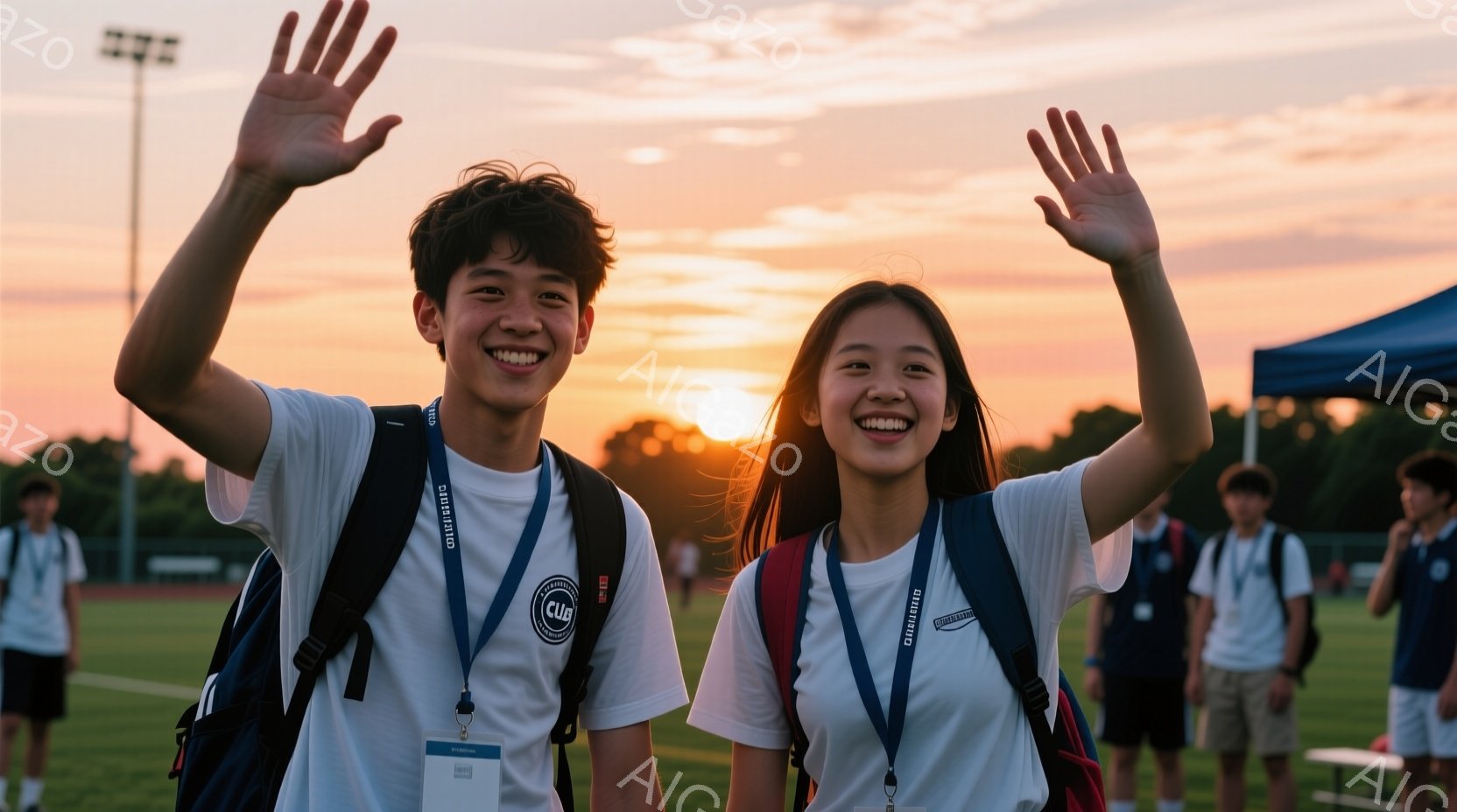 若い男女が笑顔で両手を上げています。二人は白いTシャツに、青い首から下げるIDカードを付けており、肩にリュックサックを背負っています。背景には、夕焼け空の下、運動場やテント、他の人々が見え、明るく活気のある雰囲気が漂っています。
