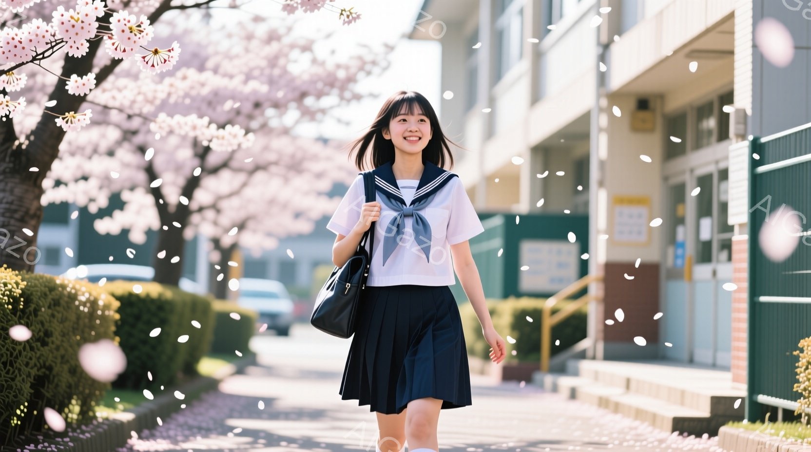 制服を着た若い女性が、桜の花びらが舞う通学路を歩いている。彼女は紺色のスカートと白いブラウス、リボンを着用し、肩に黒いショルダーバッグをかけている。背景には学校の建物と桜並木が見え、明るく希望に満ちた - AI生成フリー素材