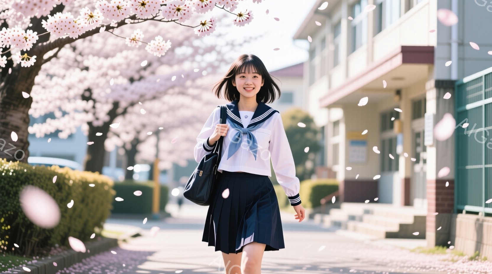紺色のブレザーに白いシャツ、チェック柄のスカートを身に着けた女子学生が、桜並木の中を歩いている。彼女は明るい笑顔を浮かべ、肩に掛けたバッグと、そっと風に舞う桜の花びらが春の訪れを感じさせる。背景にはレ - AI生成フリー素材