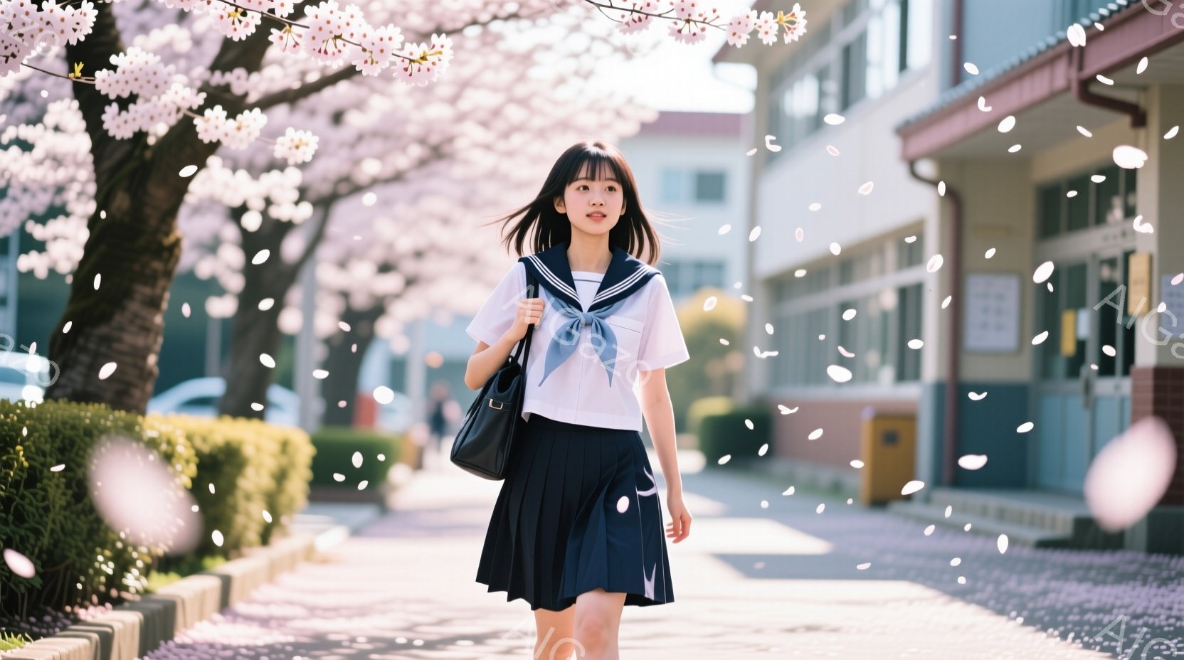 紺色の制服に身を包んだ少女が、桜並木の中を歩いている。彼女は、白いブラウスに紺色のプリーツスカート、そしてリボンを締め、肩に黒いバッグをかけている。背景には、淡いピンク色の桜の花びらが舞い、春の穏やか - AI生成フリー素材