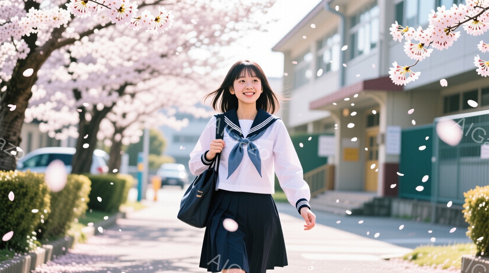 制服姿の女子学生が、桜の散る道を歩いている。白いブラウスに黒いスカート、そしてネイビーのネクタイが印象的で、髪は肩までの長さで、笑顔がとても明るい。背景には学校の建物と、満開の桜並木が広がり、春の暖か - AI生成フリー素材