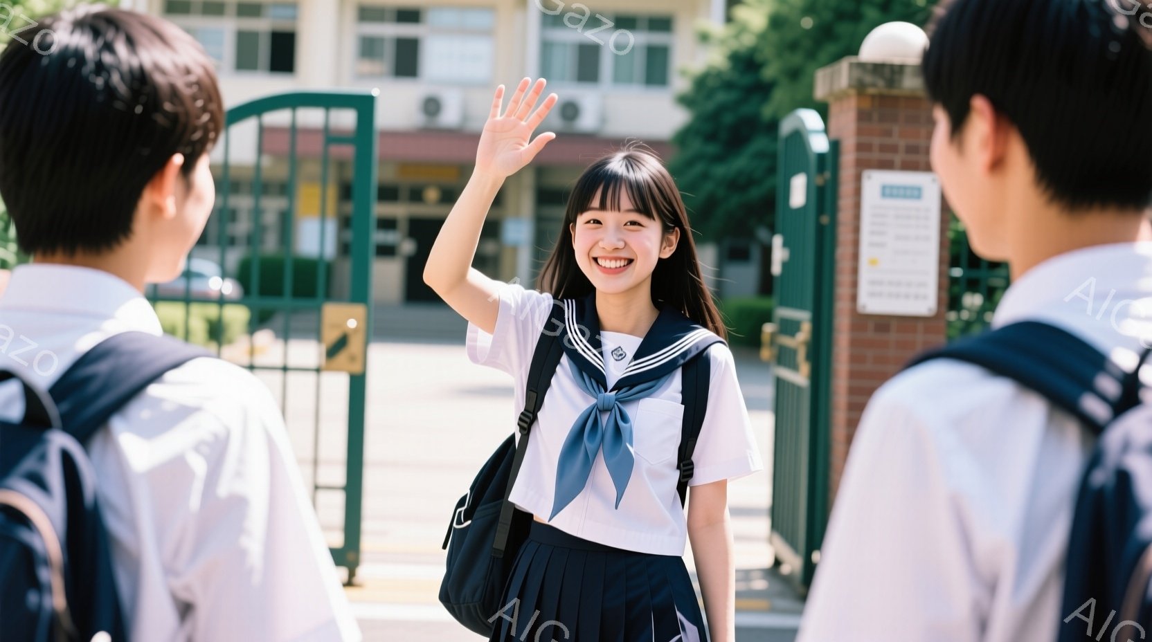 制服を着た女子学生が、明るい笑顔でカメラに向かって手を振っています。彼女は紺色のリボンとスカート、白いブラウスを着ており、黒いショルダーバッグを掛けています。背景には学校の建物とゲート、そして晴れた空が見え、活気のある学校生活の一コマを切り取ったような、希望に満ちた雰囲気が漂っています。