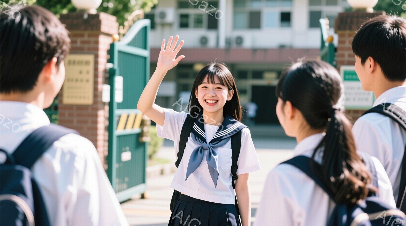 制服を着た女子学生が、笑顔で手を振っています。彼女はショートヘアで、紺色のリボンと白いブラウス、プリーツスカートを着用しています。背景には煉瓦造りの建物と青空が広がり、晴れた日の学校の風景を表しています。