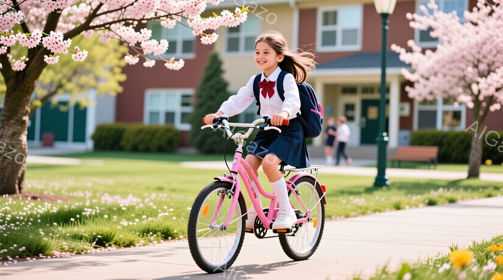 ピンク色の自転車に乗った少女が写っている。彼女は白いシャツに濃い青色のスカート、赤いリボンを付けた制服を着ており、笑顔で前を見ている。背景には桜の木々とレンガ造りの建物が見え、春の穏やかな日を表してい - AI生成フリー素材