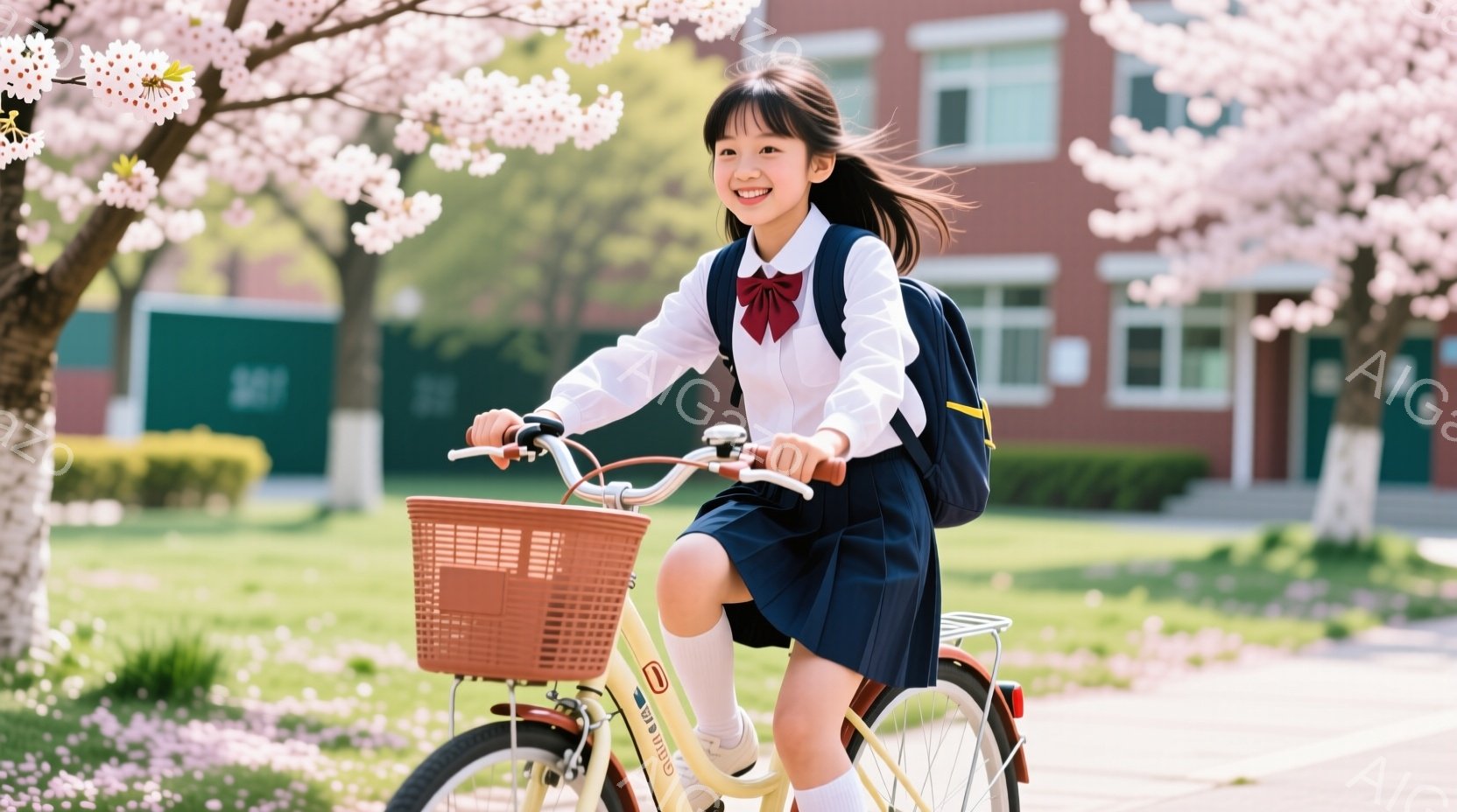 制服姿の少女が、桜並木の道を自転車で走っている。彼女は明るい笑顔を浮かべ、髪を風になびかせながら、前を向いて元気にペダルを漕いでいる。背景にはレンガ造りの建物が見え、桜の花びらが舞い散る春の穏やかな情景が広がっている。