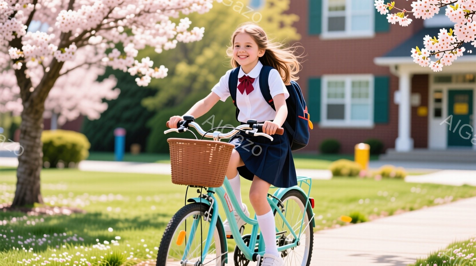 金髪を後ろで三つ編みにした少女が、水色の自転車に乗って道を走っている。彼女は白いシャツに紺色のスカート、赤いリボンを身につけ、ピンク色のランドセルを背負っている。背景にはレンガ造りの建物と桜の木が見え、晴天の下、春らしい暖かな雰囲気が漂っている。