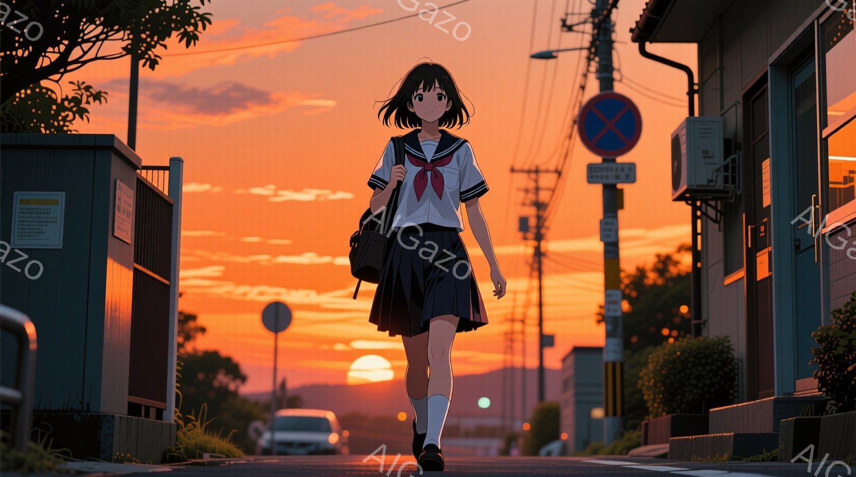 夕焼けの空の下、紺色の制服を着た女子学生が道を歩いている。彼女は短い黒髪で、表情は穏やかで少し微笑んでいるように見える。背景には住宅街と夕焼けが広がり、暖かくノスタルジックな雰囲気を醸し出している。 - AI生成フリー素材