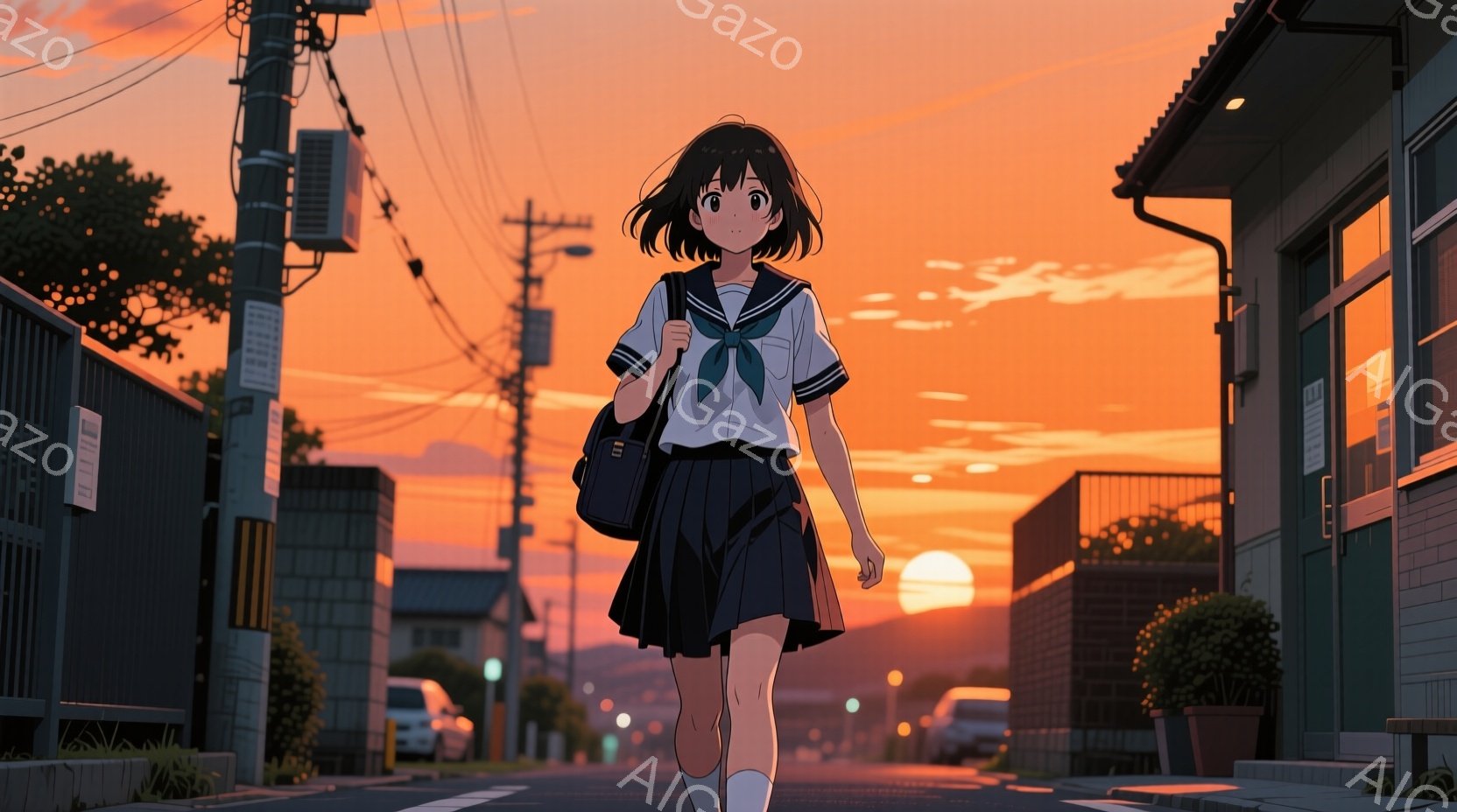 夕焼けに照らされた住宅街を、制服を着た少女が歩いている。彼女は黒髪のショートヘアで、少し微笑んでいるように見える。背景には、日本の住宅と電柱、そして燃えるような夕焼け空が広がっており、どこか懐かしい雰囲気を感じさせる。