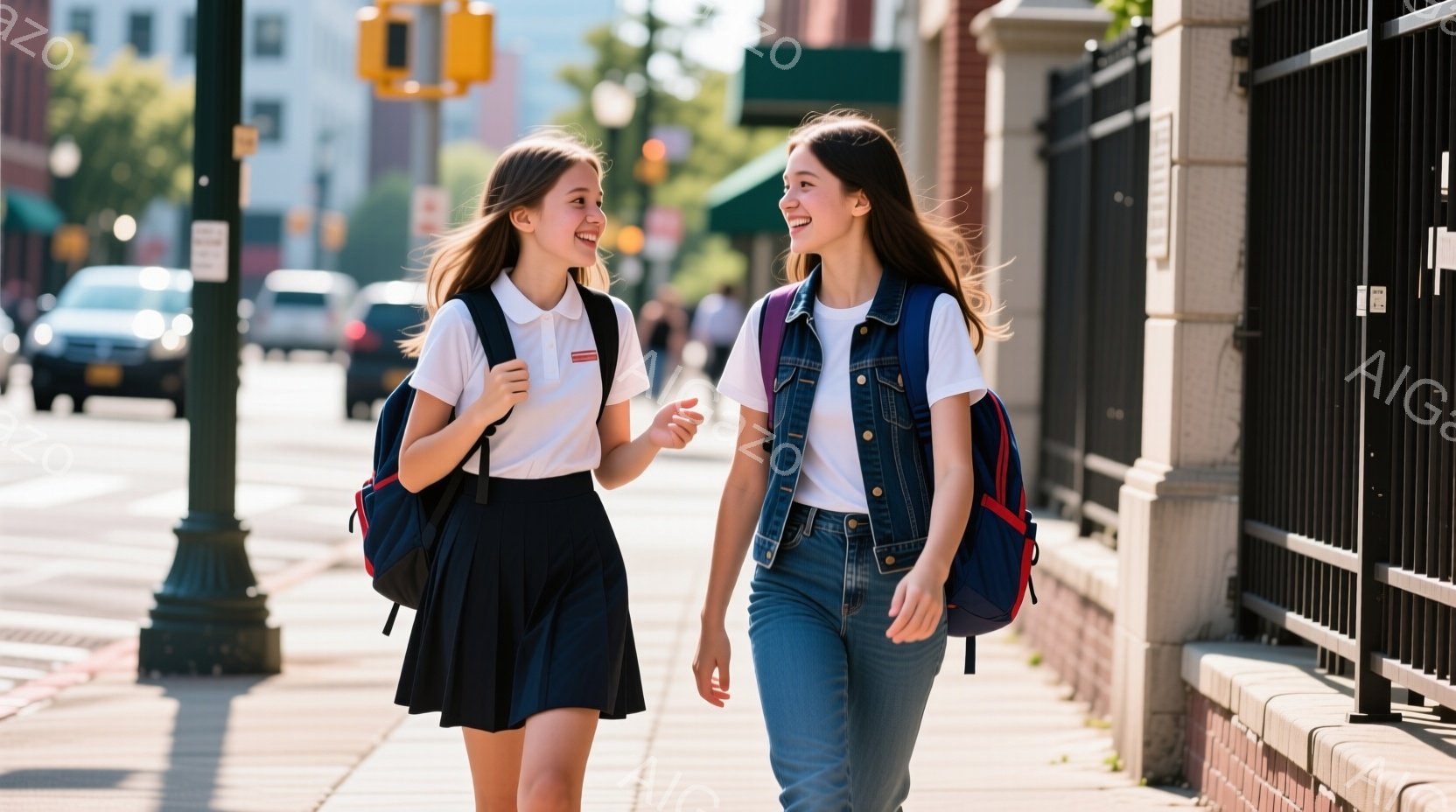 二人の若い女性が歩道を並んで歩いています。どちらもバックパックを背負い、カジュアルな服装で、片方は白いシャツにプリーツスカート、もう片方は白いシャツにジーンズとデニムのベストを着ています。背景には建物や車が見え、晴れた日差しが差し込み、明るく活気のある雰囲気が漂っています。
