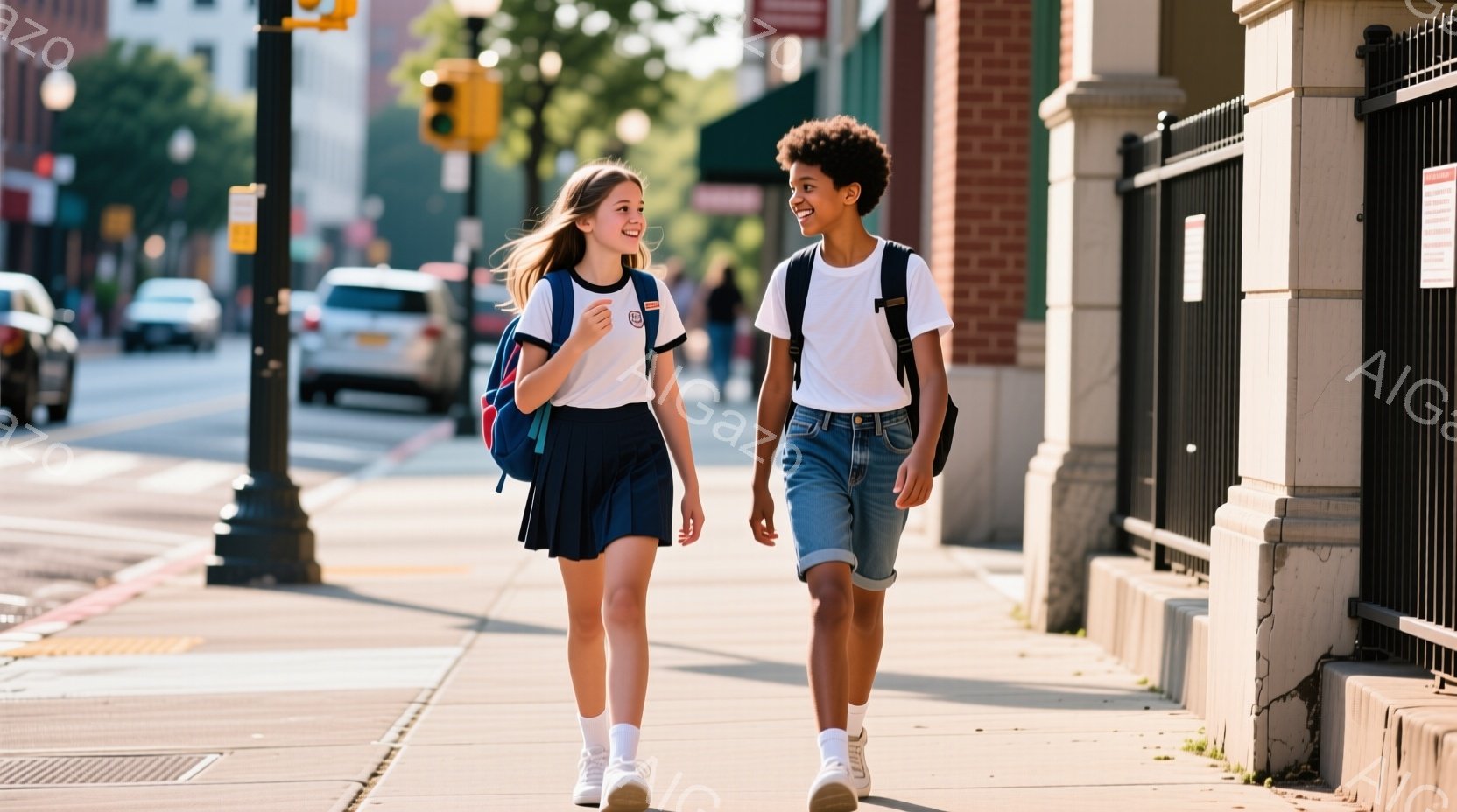 二人の若い学生が歩道で歩いている。少女は白のポロシャツ、紺色のプリーツスカート、白い靴下とスニーカーを履き、髪を後ろでまとめており、笑顔で前を見ている。少年は白のTシャツ、デニムの短パン、白いスニーカーを履き、同じように笑顔で歩いている。