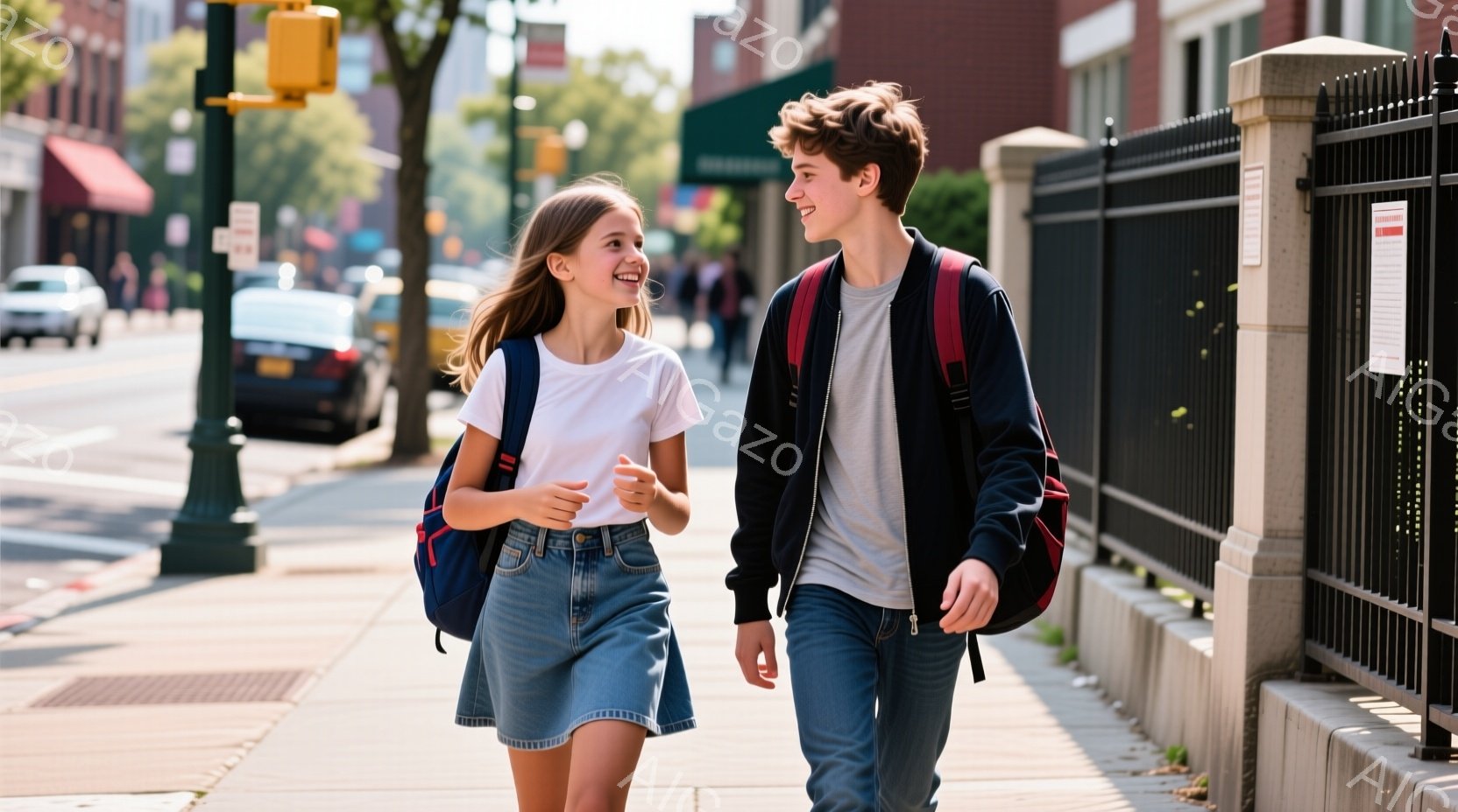 若い女性と男性が歩道を歩いている。女性は白いTシャツとデニムのスカートを着用し、長い髪を後ろで結んでいる。男性はグレーのTシャツに黒いジャケット、ジーンズを履いており、両者ともリュックサックを背負い、 - AI生成フリー素材