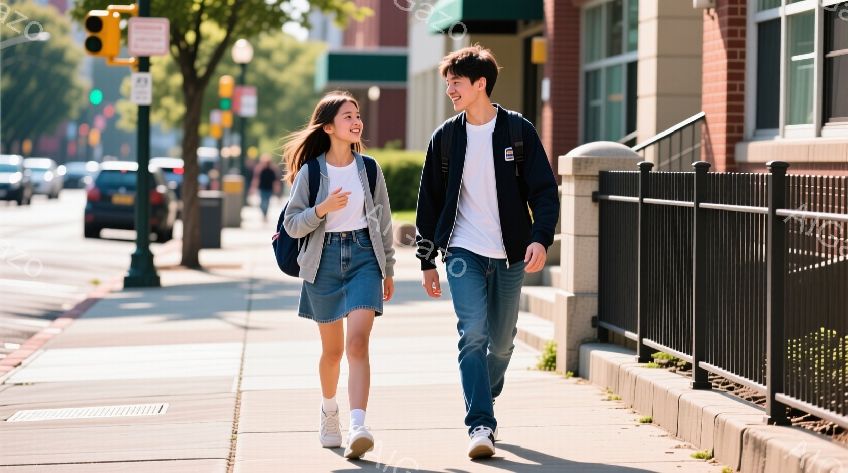若い男女が歩道を歩いている。女性は白いTシャツにデニムのスカート、男性はジーンズに紺色のジャケットを着ており、二人ともリュックサックを背負っている。背景には建物や木々が見え、晴れた日差しが降り注いでお - AI生成フリー素材