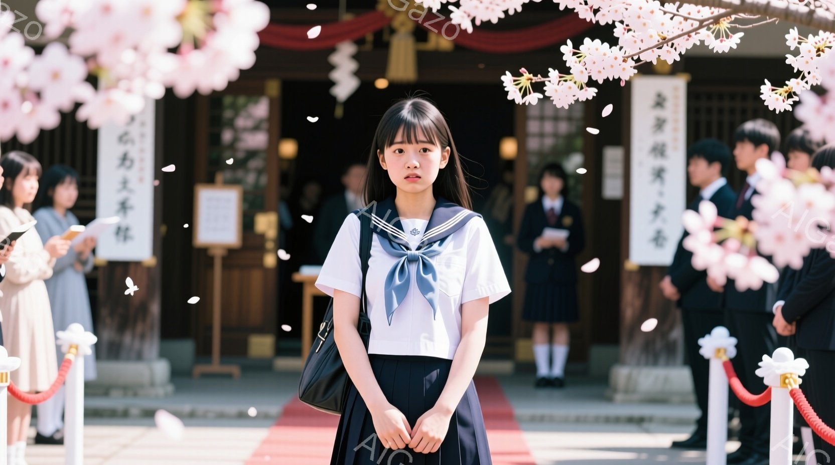 制服を着た女子高生が、桜の花びらが舞う神社の前に立っている。彼女は紺色のブレザーに白いシャツ、そして赤いリボンを結んだ姿で、少し緊張した表情を浮かべている。背景には木造の社殿が見え、春の穏やかな晴天の下、入学式または卒業式のような厳かな雰囲気が漂っている。