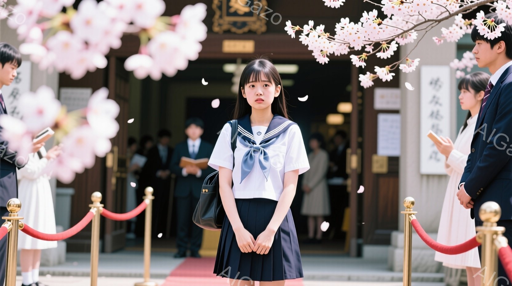制服姿の女子学生が、赤いカーペットが敷かれた場所に立っている。彼女は、白いブラウスに濃い青色のスカート、そしてリボンを着用しており、黒いハンドバッグを肩にかけている。背景には、伝統的な様式の建物と桜の花びらが舞い散り、春の晴れた日を思わせる、華やかで少し緊張感のある雰囲気が漂っている。