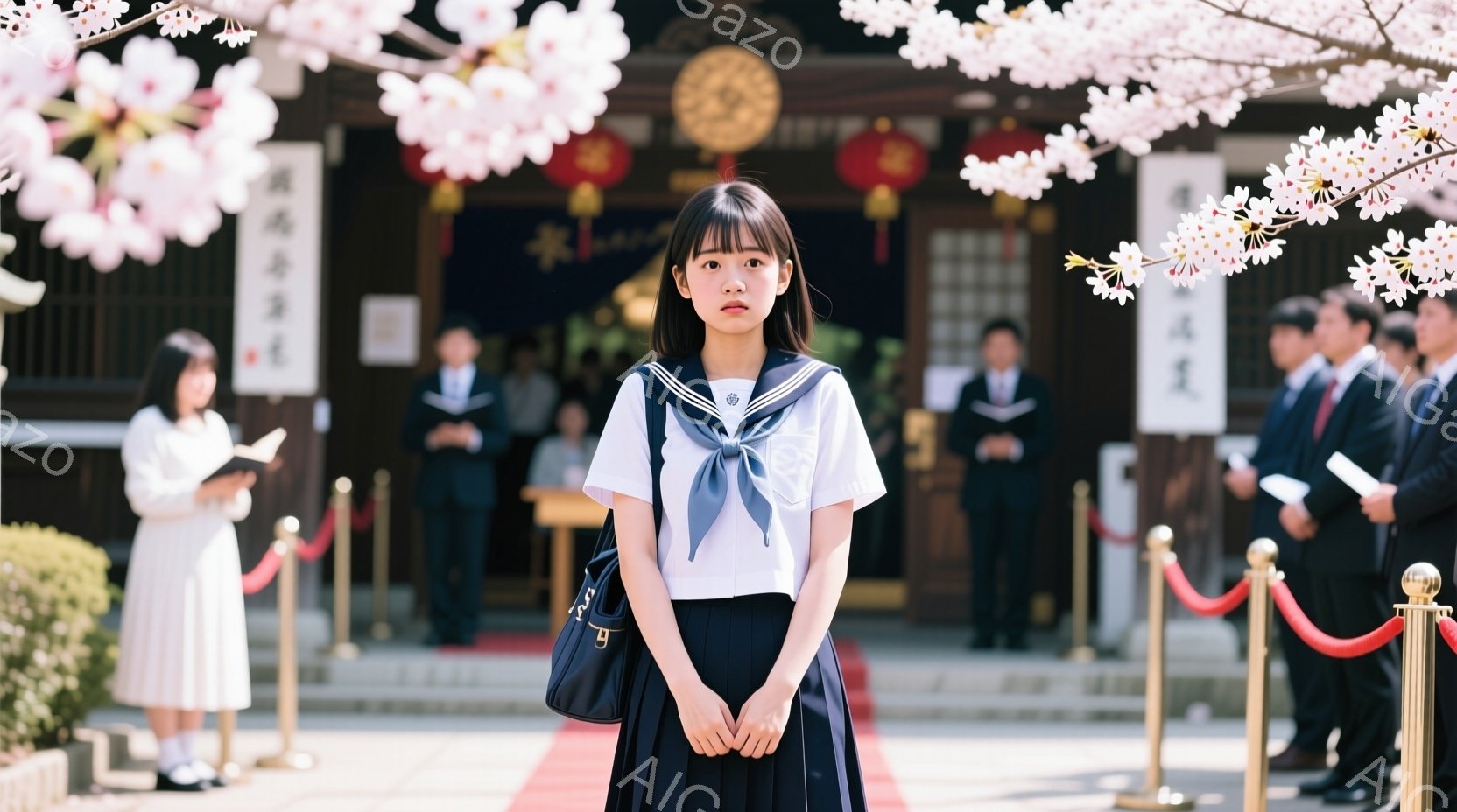 制服を着た女子学生が、鮮やかなピンク色の桜並木の前に立っている。彼女は紺色のリボンとブレザー、プリーツスカートを身につけ、肩に黒いバッグをかけている。背景には伝統的な様式の建物が見え、多くの人が立ち並んでいることから、入学式や卒業式のような行事が行われている様子が伺える。