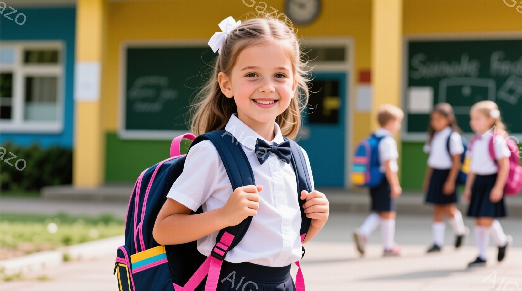 明るい日差しの中、幼い女の子が笑顔でカメラを見つめている。紺色のスカートと白いシャツに、黒いリボンを付けた制服姿で、ピンクと水色の縁取りがアクセントになっている。彼女はリュックサックを背負い、他の生徒たちが後ろにぼやけて見える学校の前で立っている。