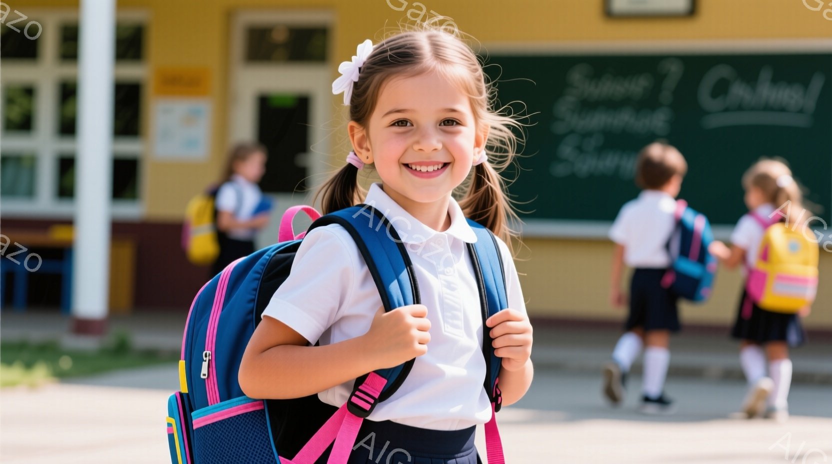 小さな女の子が微笑みながらカメラを見ています。彼女は白いシャツ、紺色のスカート、そしてピンクのアクセントが入った青いバックパックを着ています。背景には学校の建物と他の生徒たちがぼやけて見え、晴れた日の - AI生成フリー素材
