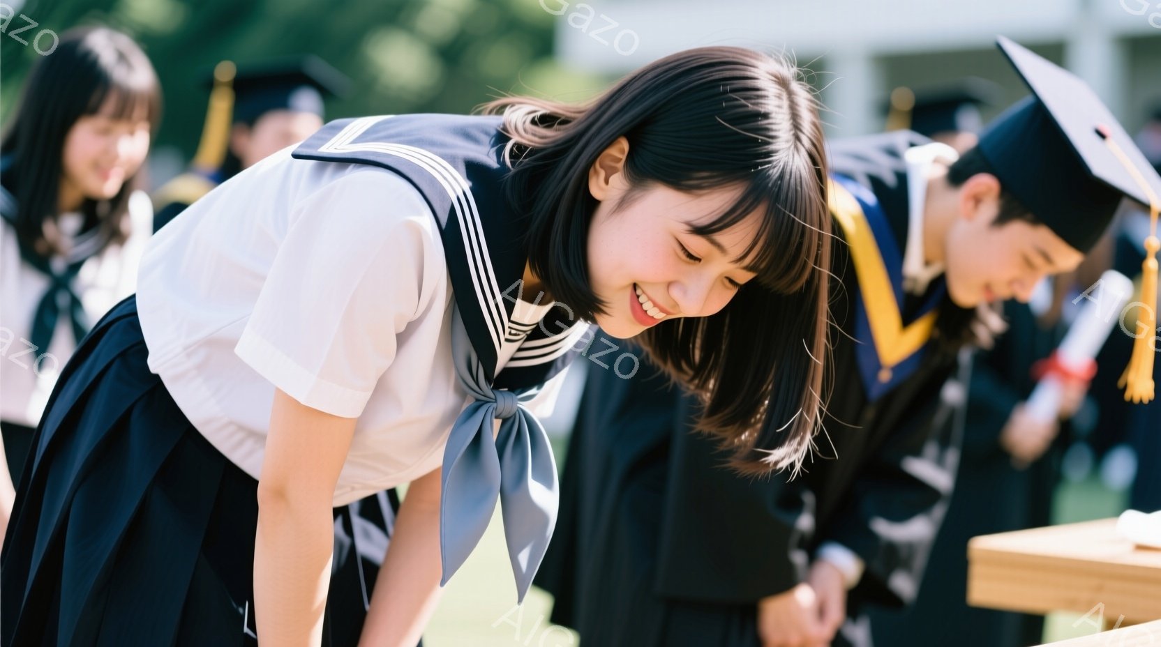 制服姿の女性が笑顔で深々と頭を下げています。彼女は黒いスカートと白いブラウス、灰色のリボンを身につけ、前髪を少し長めに残したヘアスタイルです。背景には黒いガウンを着た人々や木々が見え、晴天の下、卒業式 - AI生成フリー素材