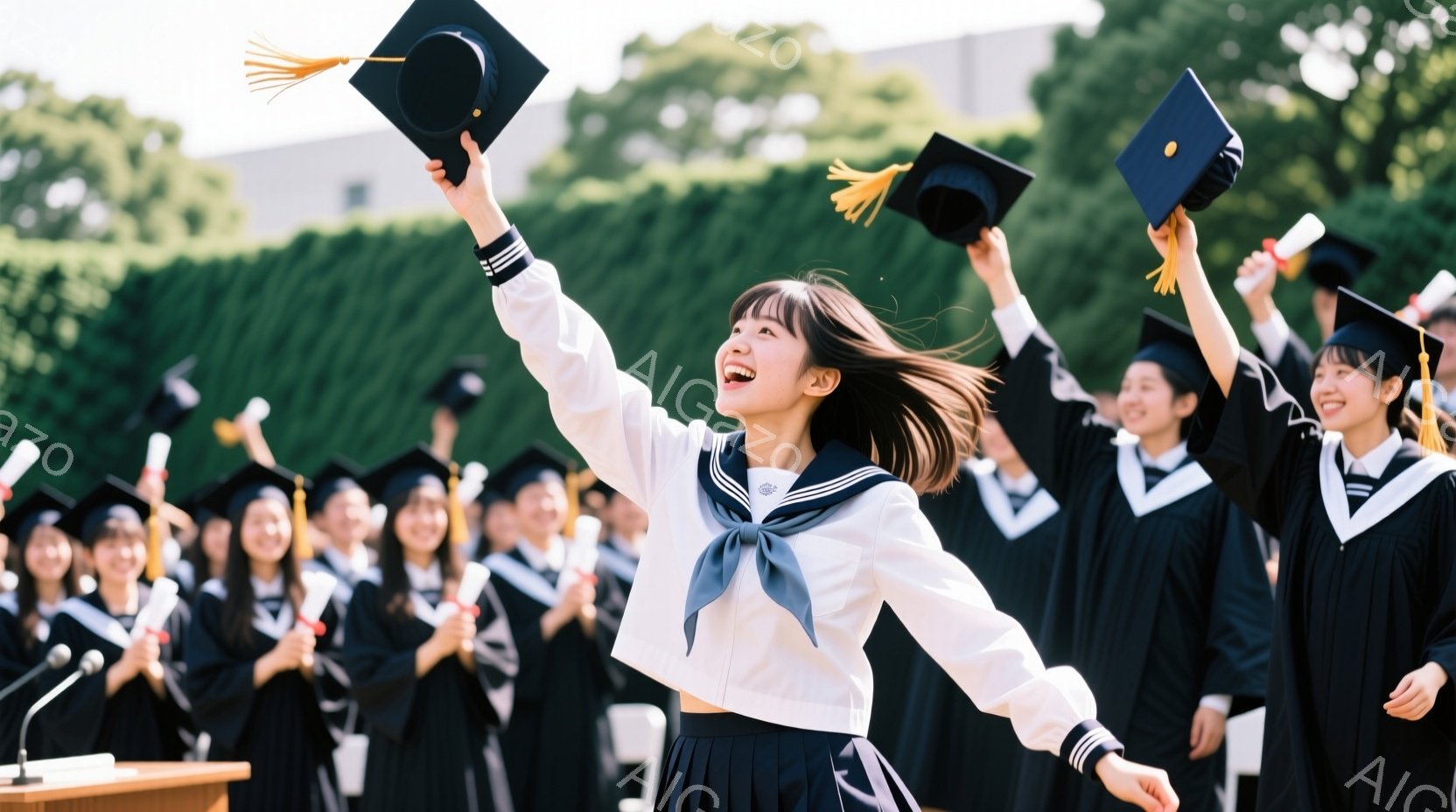 紺色の学士帽とガウンを身につけた女性たちが、晴れた屋外で卒業式を迎えている様子が写っている。特に、正面中央の女性は両手を高く上げ、満面の笑みを浮かべ、喜びを表現している。背景には緑豊かな植生と建物が見え、明るい日差しが差し込み、希望に満ちた華やかな雰囲気を醸し出している。
