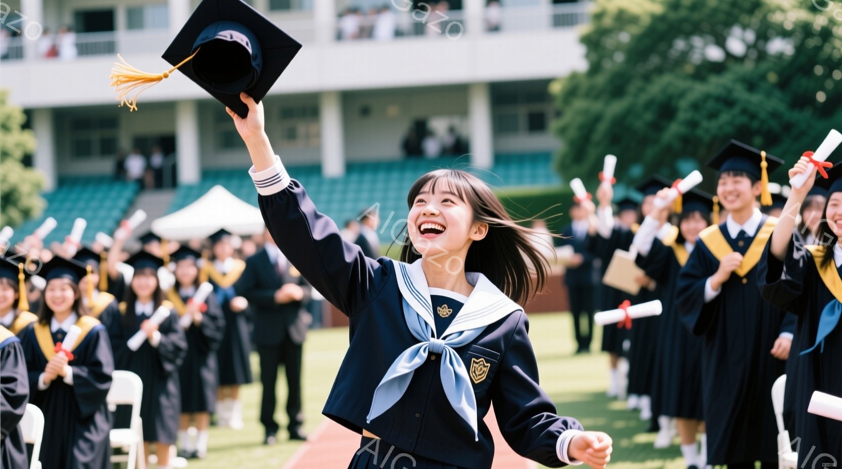 紺色の学士服に身を包んだ女性が、卒業証書と帽子を高く掲げ、満面の笑みを浮かべている。背景には同じように学士服を着た多くの学生がおり、緑の芝生と建物が広がる晴天のキャンパスで卒業式が行われている様子が伺 - AI生成フリー素材