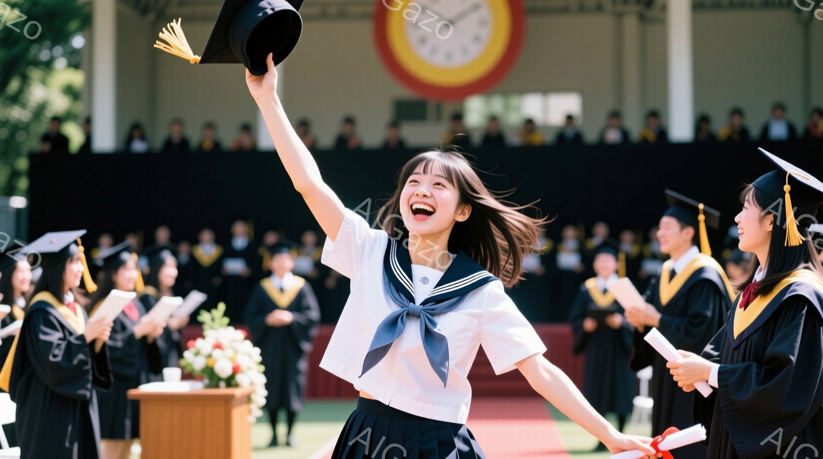 卒業式と思われる屋外の式典で、制服姿の若い女性が両手を高く上げ、歓喜の表情を浮かべている。彼女は黒い学士帽を高く掲げ、周囲には黒いガウンをまとった人々が整然と並び、祝福の雰囲気が漂っている。背景には、時計台のような建物が見え、晴天の下、緑豊かな自然に囲まれた、明るく華やかな式典の様子が伺える。